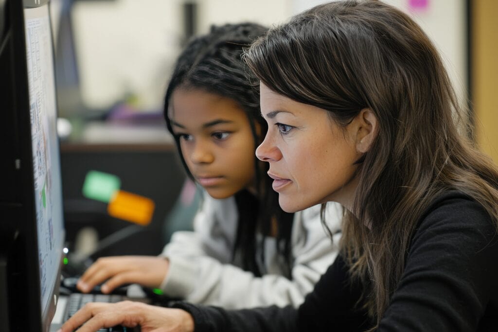 A teacher assisting a special education student with a computer-based learning program designed for individual needs