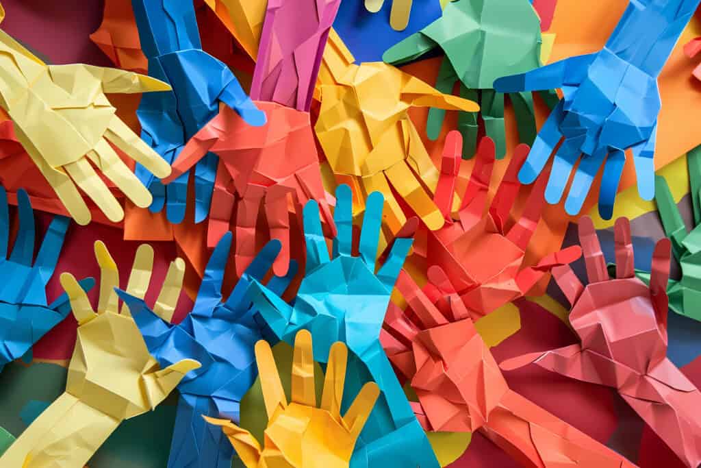 Collage of the colorful paper hands as symbol of diversity and inclusion