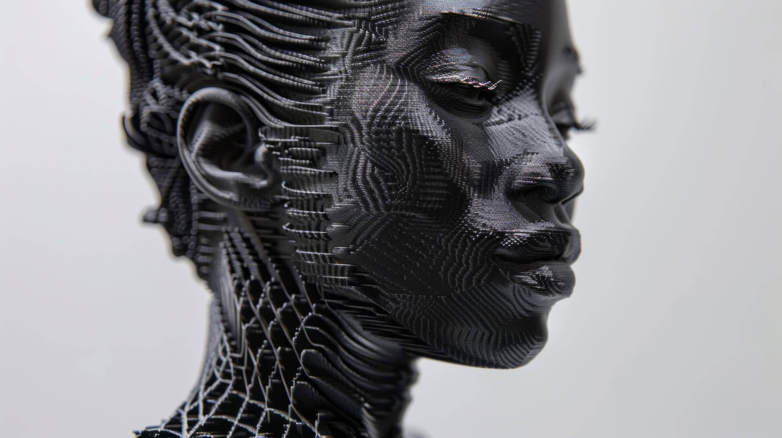 Abstract 3D printed sculpture showing complex textures and innovative design. Concept of merging technology with real life and anonymity in the digital age